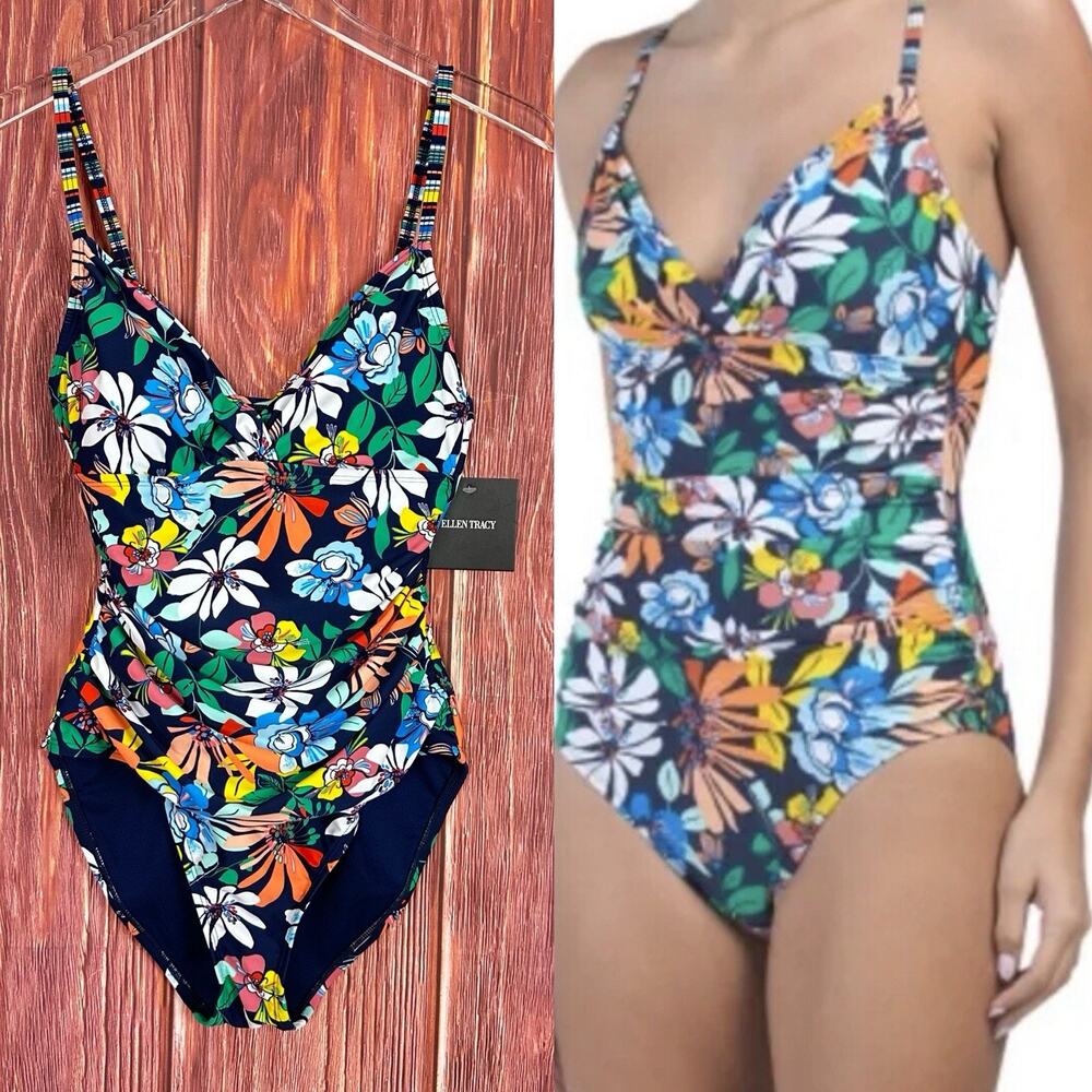 NWT Ellen Tracy Swimsuit Size 6 Floral Navy Removable Pads Ruched
